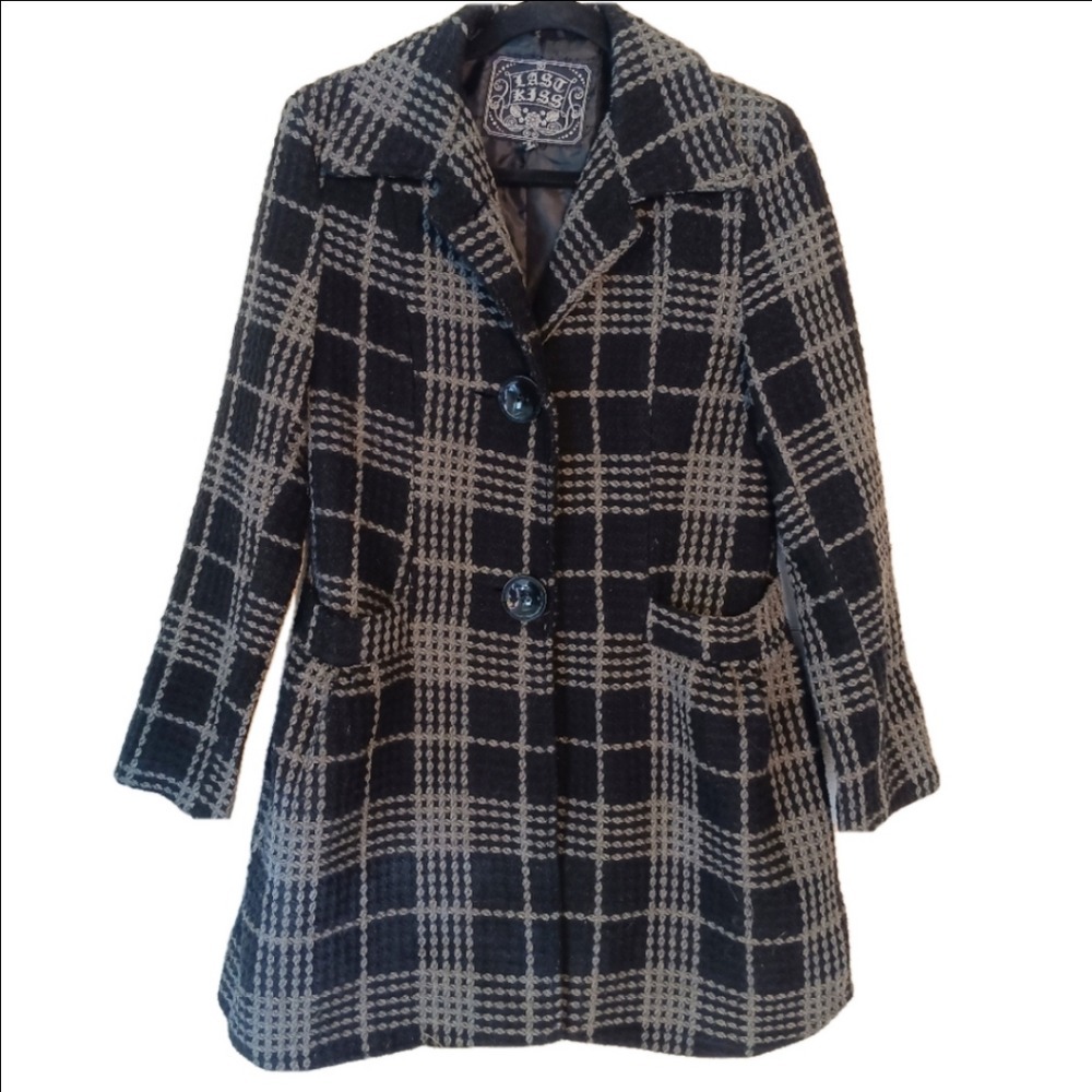 Last Kiss Pea Coat Women Size Medium Black Grey Plaid Wool Blend 9872LK21